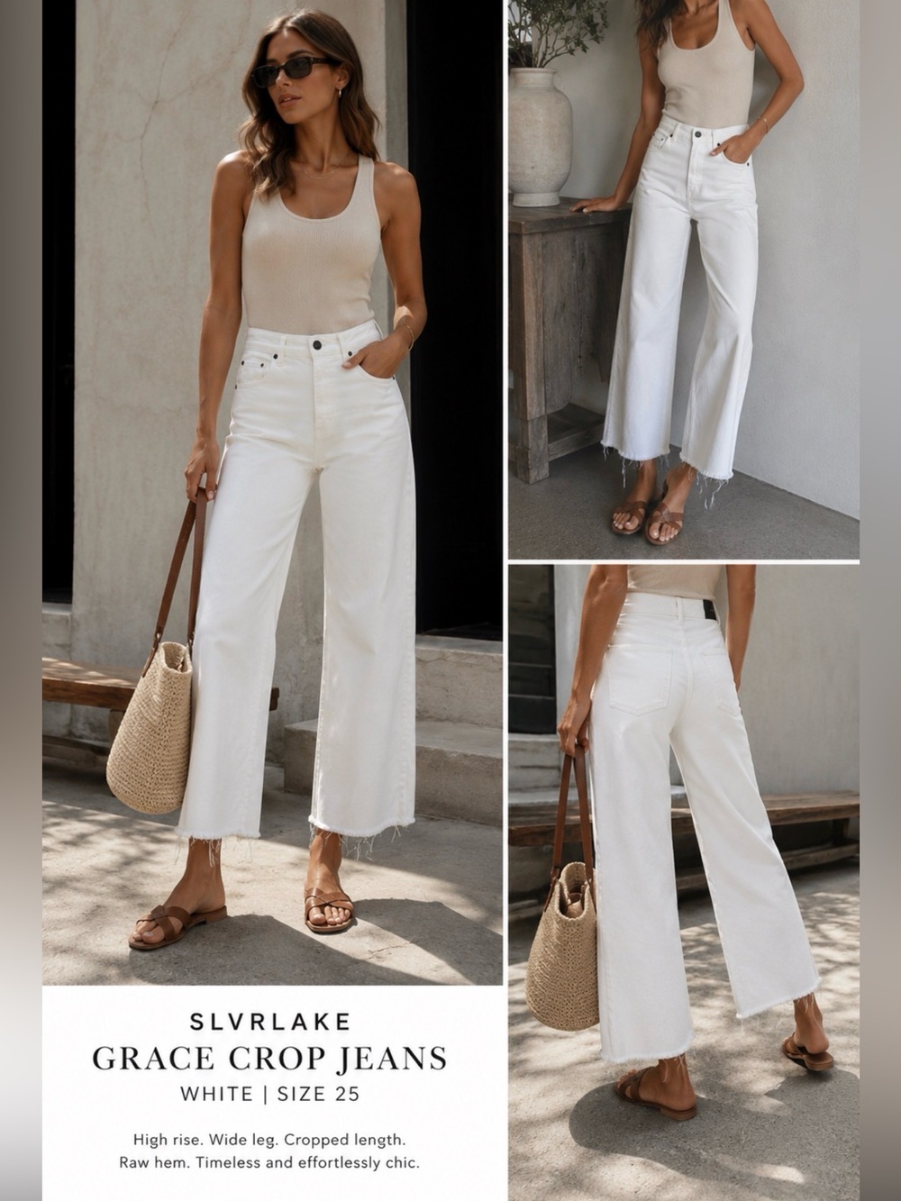 SLVRLAKE Grace Crop White High Rise Wide Leg Jeans Size 25 Raw Hem Premium Denim